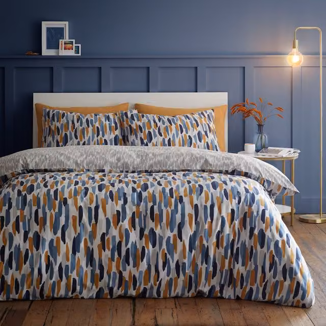 My Home Ellison Reversible Graphic Brushstroke Pattern Duvet Cover in Blue and Grey, 90 x 190 cm