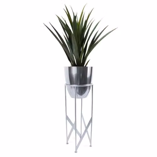 Leaf Silver Metal Plant Stand with Artificial Yukka Plant, Height: 90 cm