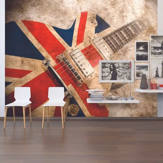 Origin Murals Rock Guitar Vintage Sepia Wall Mural in Beige, Yellow and Multicolour