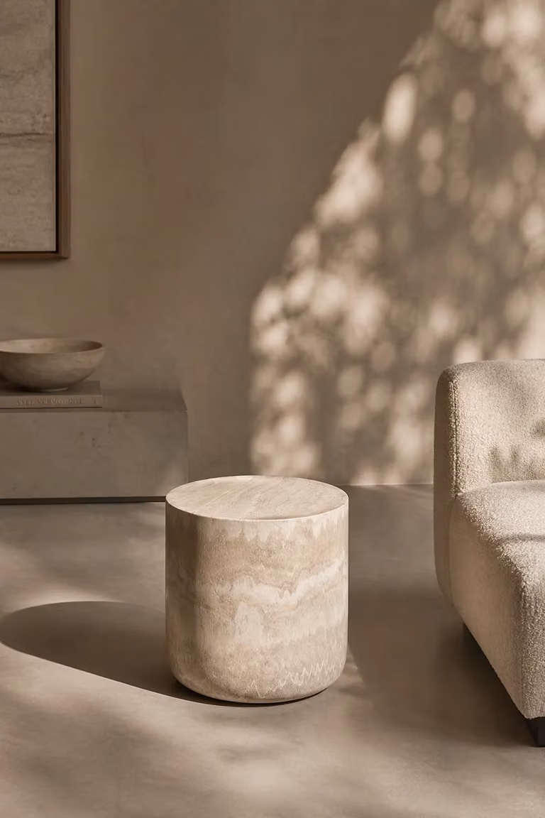 Tommy Franks Ciladro Side Table in Beige Faux Travertine, W/D/H: 40.5 x 40.5 x 45.5 cm
