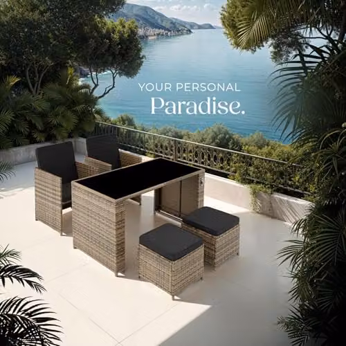tectake 5-Piece Poly Rattan Lounge Garden Furniture Set in Sand with Table, Armchairs, Ottoman and Upholstered Cushions – 8