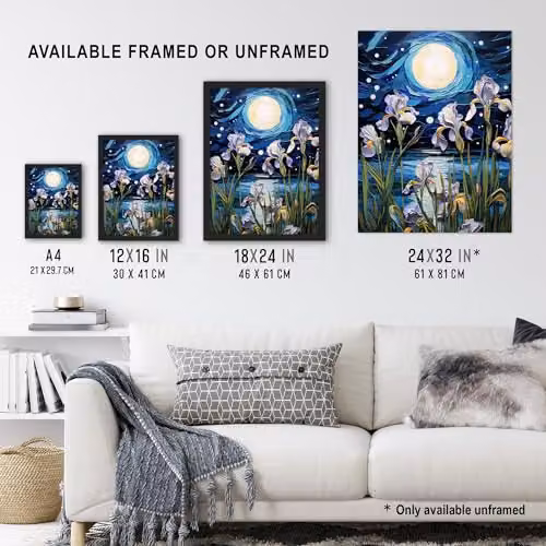 Artery8 Ethereal Iris Flower Blooms Fantasy Lake Full Moon Wall Art Poster Print, Multicolour, W: 45.7 x H: 61.0 cm – 3