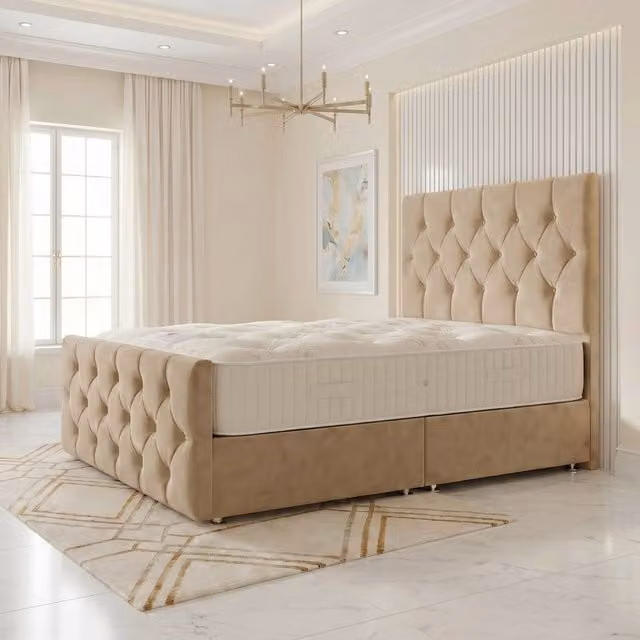 Somnior Ziggy Velvet Divan Bed in Beige, Double, W/D/H: 140 x 200 x 28 cm