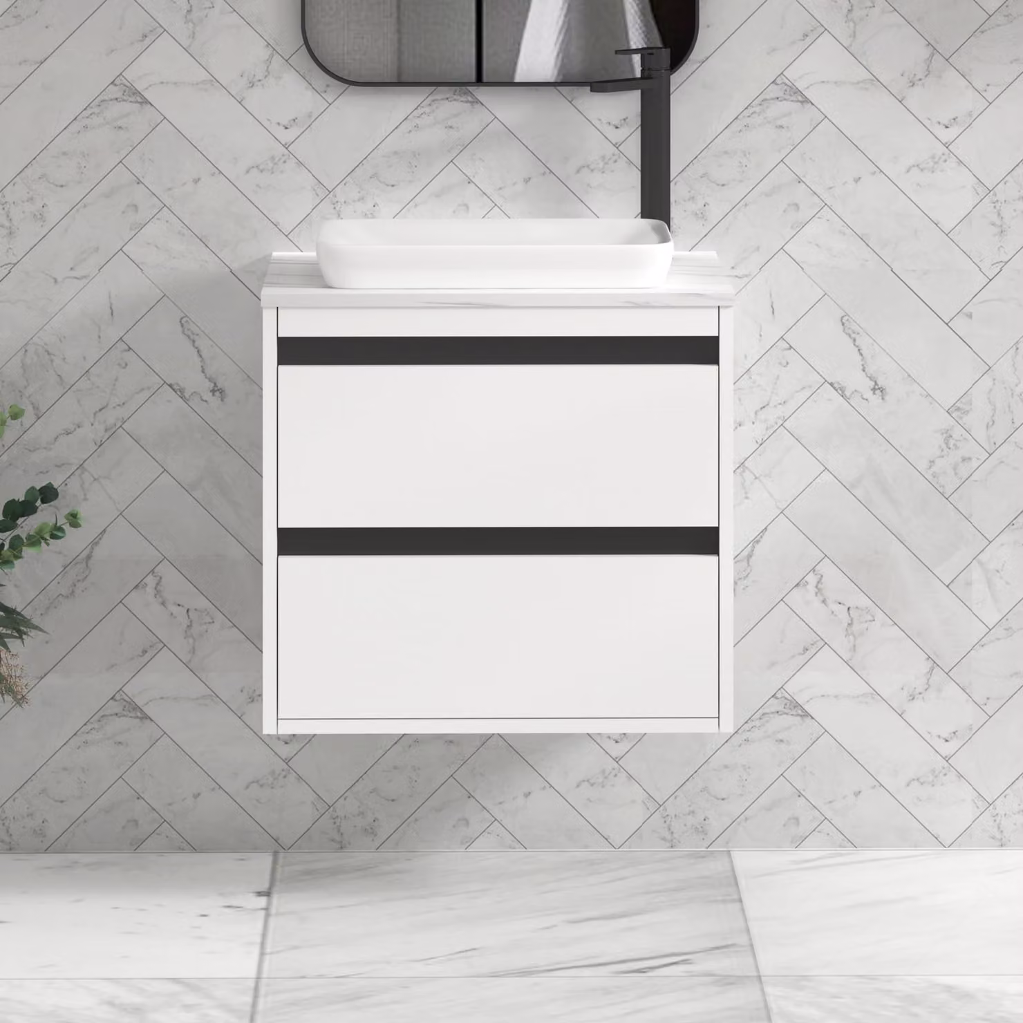 Royal Bathrooms Orion 600mm Matt White Wall Hung Vanity Unit with Qubix Basin and Black Accent Trim
