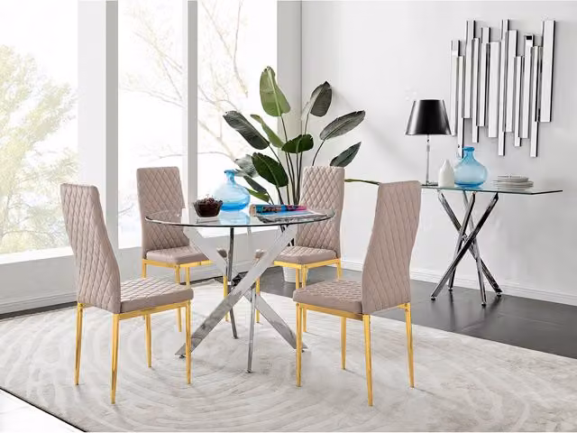 FurnitureboxUK Novara Round Glass Dining Table and 4 Milan Chairs with Gold Legs in Cappuccino, Diameter: 100 cm