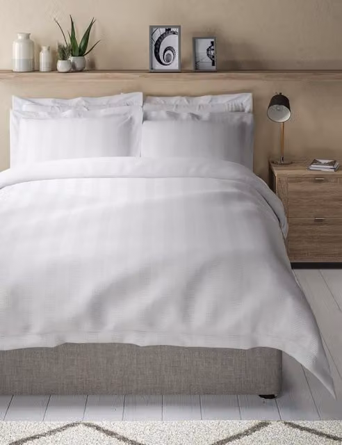 M&S Pure Cotton Striped Waffle Bedding Set, White, W: 200 cm x H: 200 cm