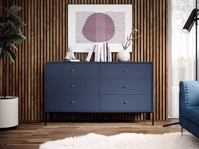 Vente-unique BOGDAN 6-Drawer Chest in Midnight Blue with Gold and Black Accents, W/D/H: 91 x 39 x 154 cm – 1
