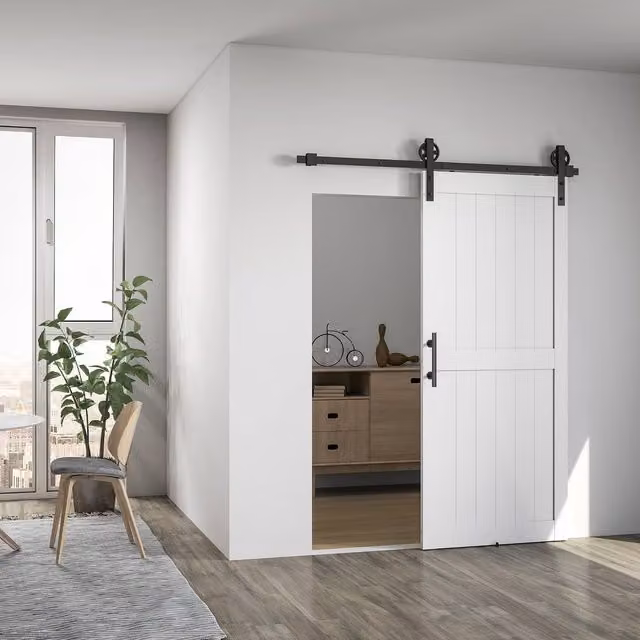 HOMCOM White Industrial Sliding Barn Door Kit with Track, MDF Wood – 1