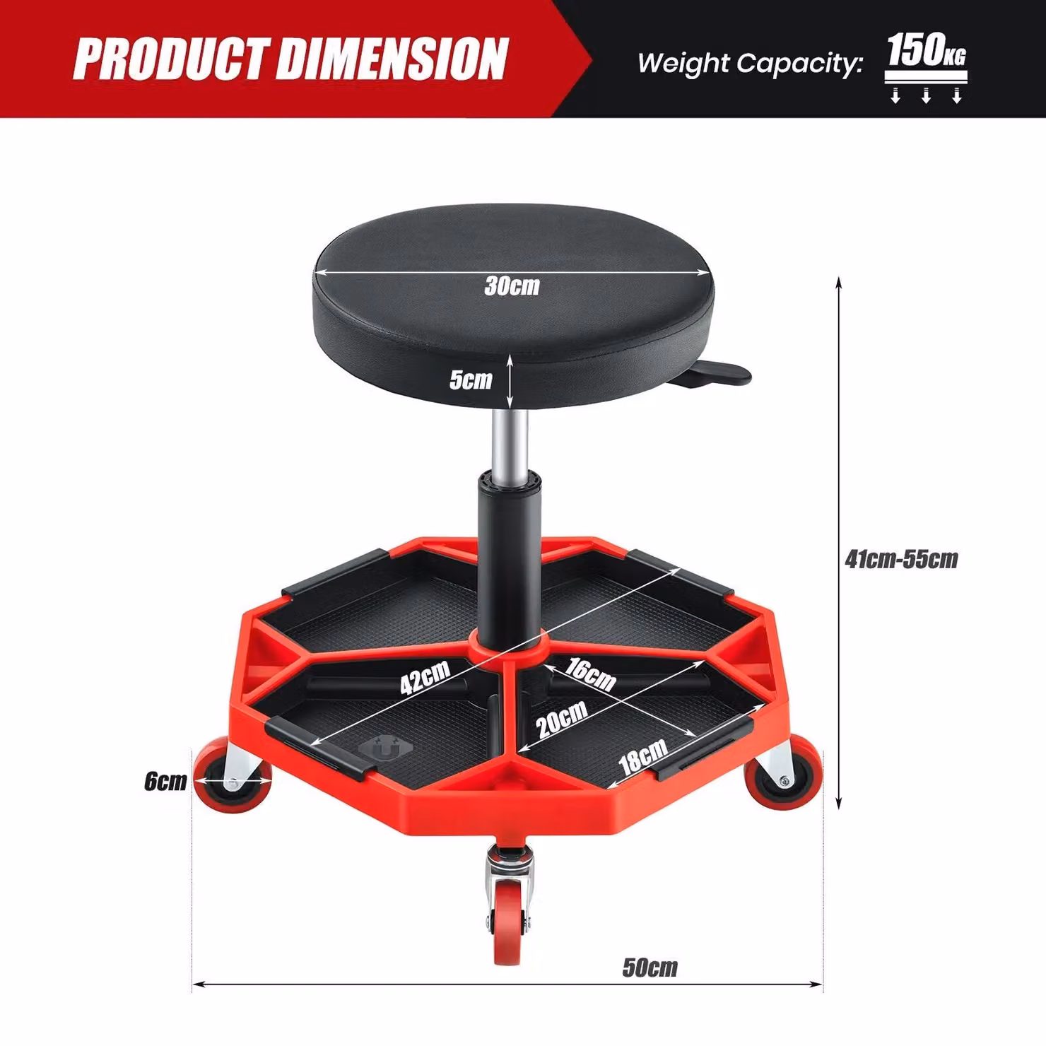Costway Rolling Mechanic Stool with 360 Swivel and Height Adjustment, Red – 2