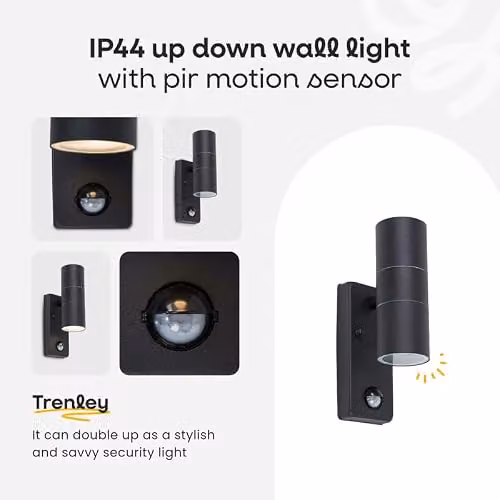 MiniSun Set of 2 Modern Stainless Steel Up/Down Security Wall Lights with PIR Motion Sensor, Includes 5W Warm White Bulbs, Silver/Black – 2