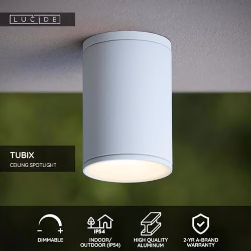 Lucide Tubix White Aluminium Ceiling Spotlight for Indoor and Outdoor Use, Diameter: 10.8 cm – 2