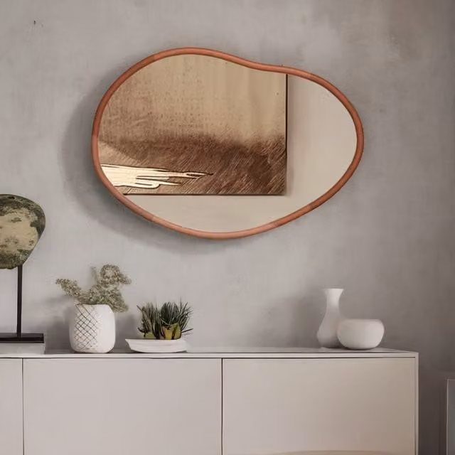 Pirlo Plush Small Irregular Mid-Century Wooden Wall Mirror in Brown – 1