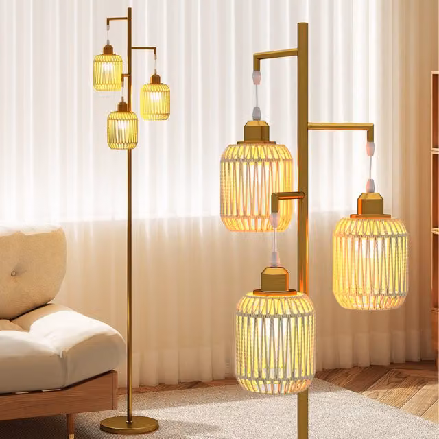 COSTWAY Gold and White Boho Freestanding Tall Floor Lamp with Paper Shade