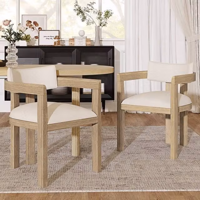 ModernLuxe Set of 6 Solid Wood Dining Chairs with Beige Linen Upholstery in Natural Brown