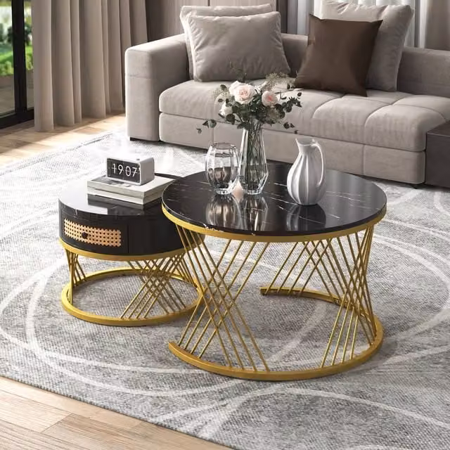 ModernLuxe 2-in-1 Round Coffee Table with Marble Top and Rattan Drawers in Black