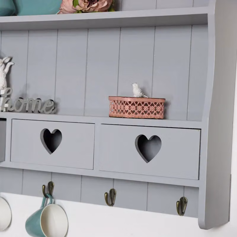 Melody Maison Large Grey Wood Wall Shelf with Heart Drawer Storage – 2