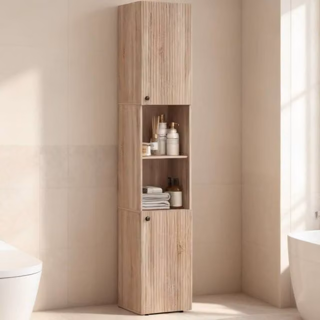 ERGOVEXA 6-Tier Tall Bathroom Cabinet in Brown Wood, H 182 x W 31 x D 30 cm – 1