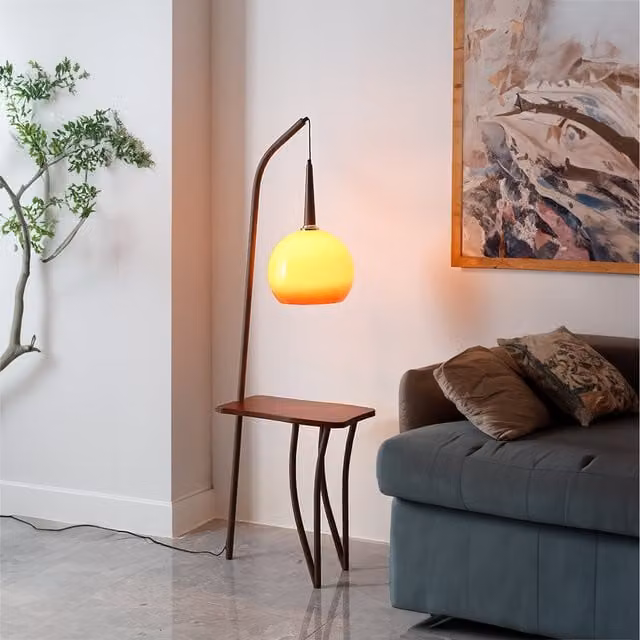 Livingandhome Vintage Floor Lamp with Yellow Glass Sphere Shade in Brown and Gold/Brass