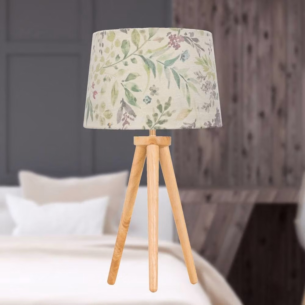 First Choice Lighting Set of 2 Light Oak Table Lamps with Brown Floral Fabric Shades – 2