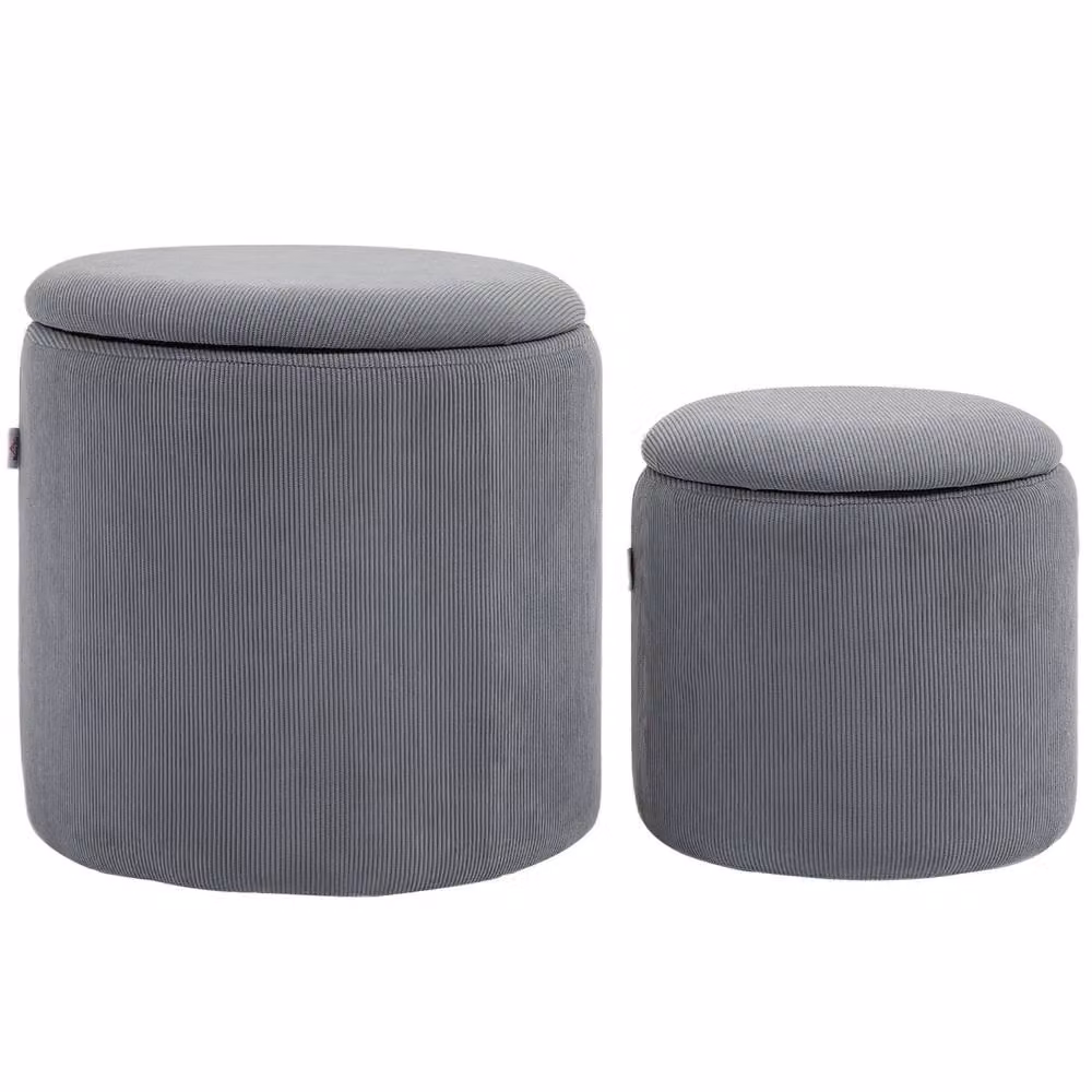 Wyld Haus Seleco Set of 2 Light Grey Corduroy Round Storage Ottomans – 2