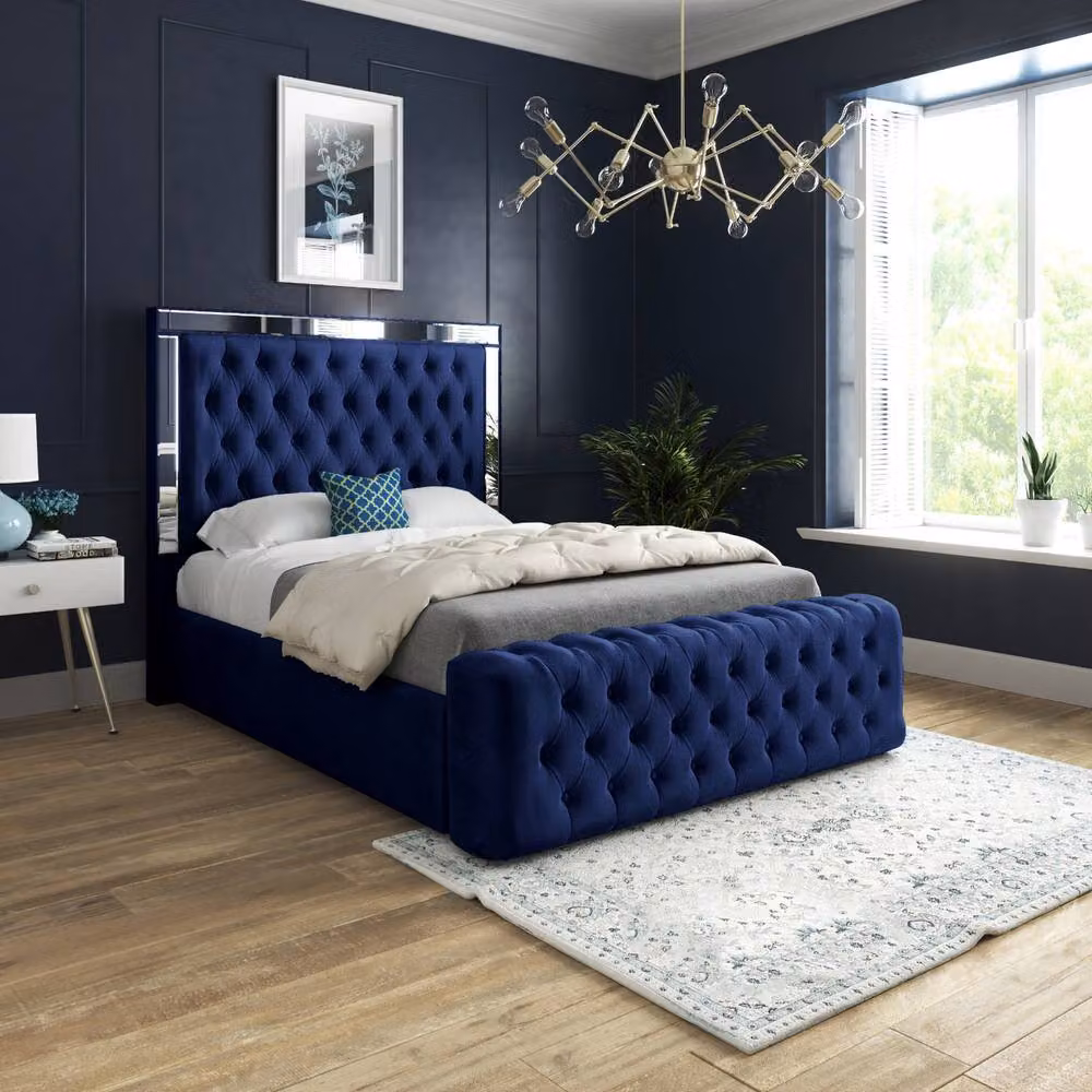 Casani Loweswater Small Single Designer Bed Frame in Blue Soft Velvet with Mirror Details – 2