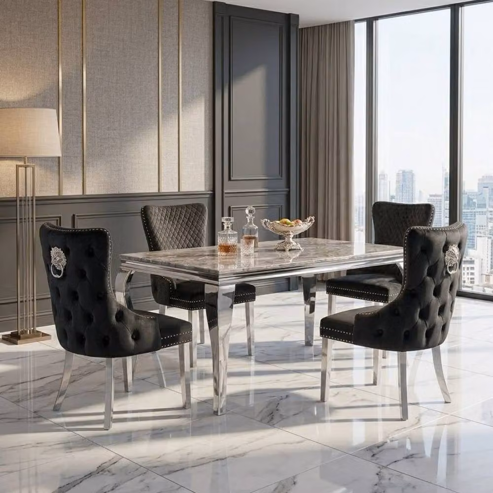 Home Luxe Interior Sofia Grey Marble Dining Table and 4 Victoria Black Lion Silver Chairs – 4