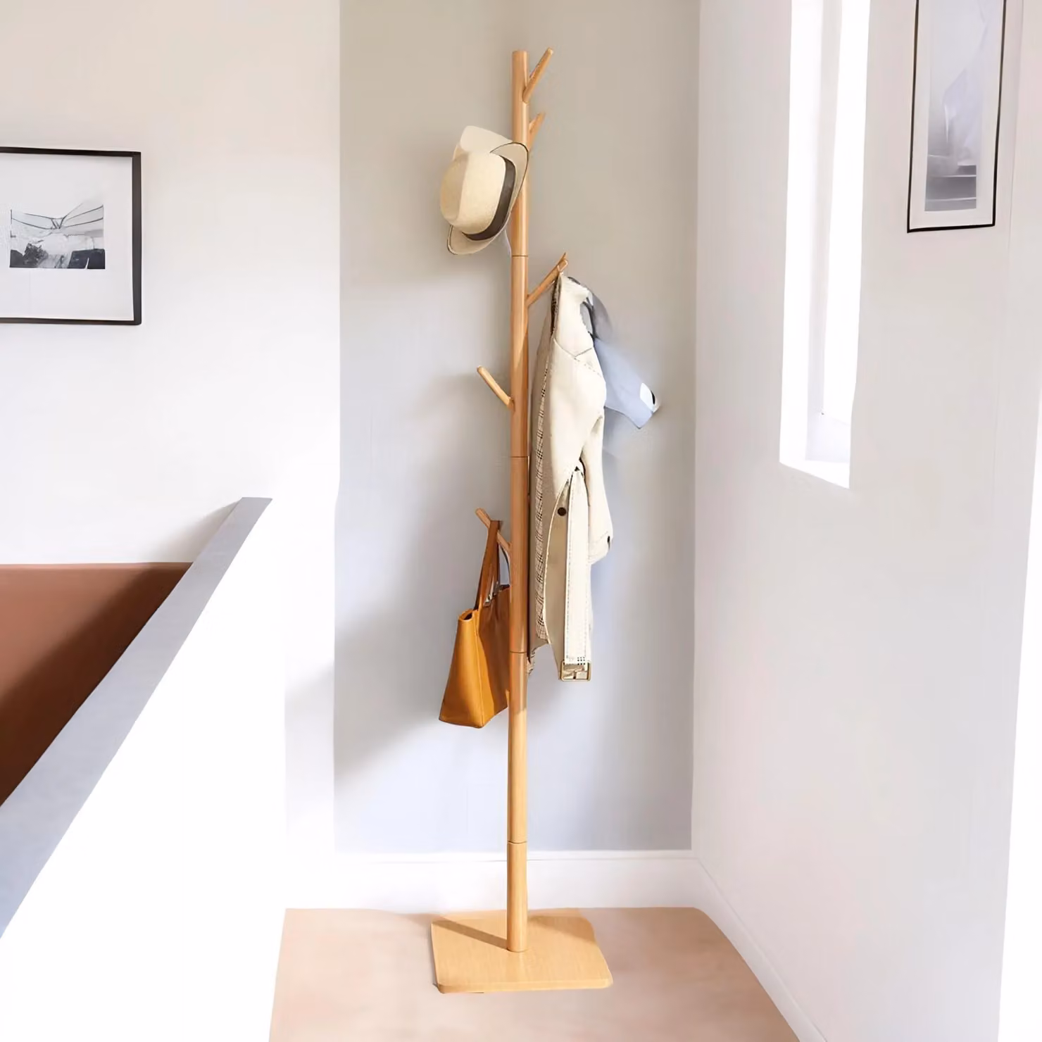 Rafaelo Mobilia Wooden 8 Hook Coat Stand with Square Base in Brown, H: 176 cm, W: 29 cm, D: 29 cm – 2