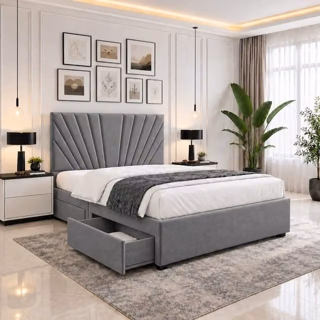 Velmora Luxury Upholstered Fabric Divan Bed with Tall Headboard, Mattress and Drawers, Grey, W/D/H: 140 x 200 cm