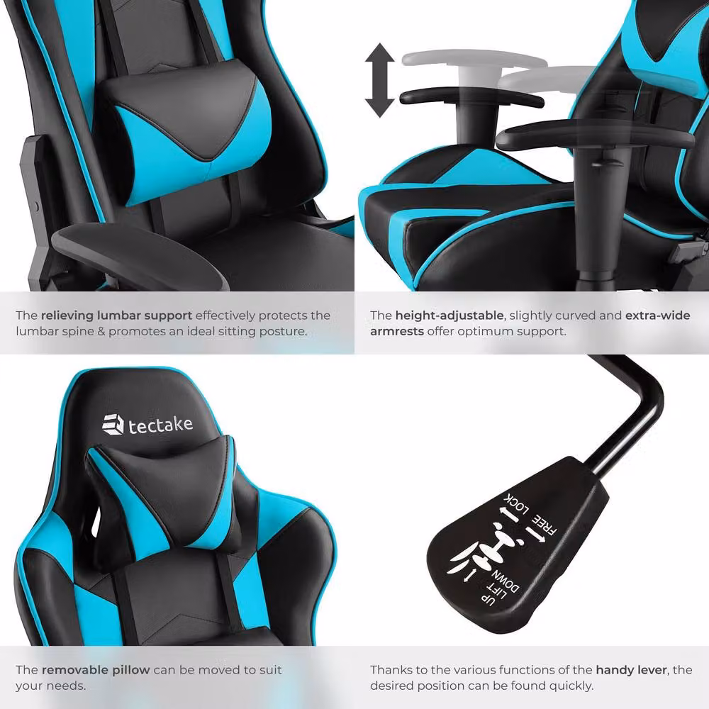 tectake Stealth Gaming Chair in Blue with Synthetic Leather and Adjustable Headrest – 5