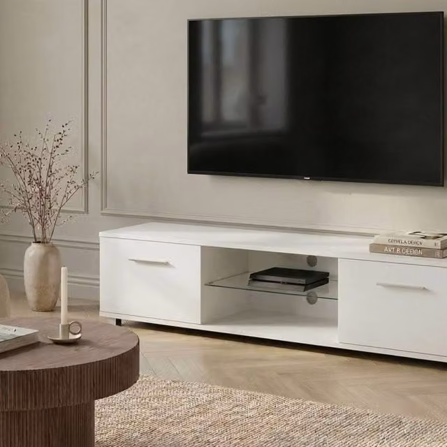Wyld Haus Modern White MDF TV Stand with Integrated LED Lighting and Metal Legs W: 160 cm, D: 40 cm, H: 38 cm