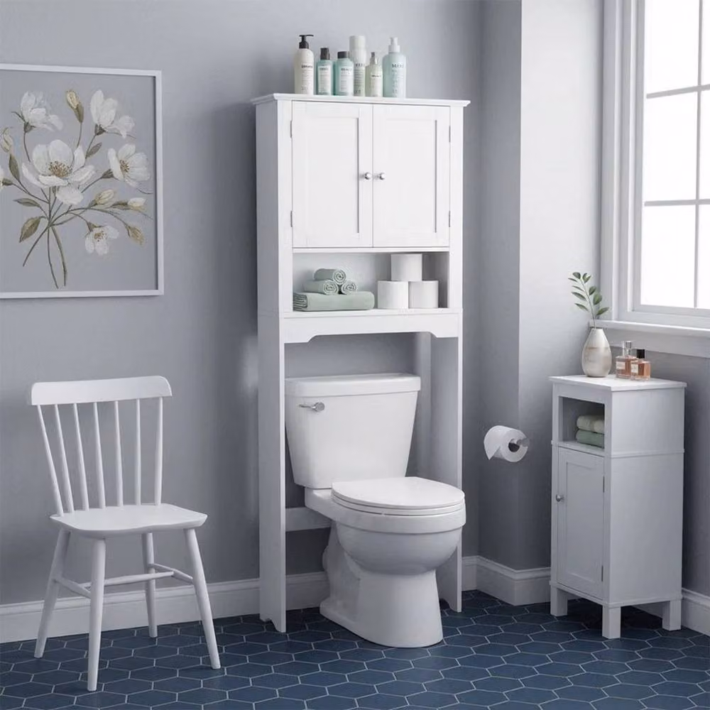 FORGEVIO Modern White Wall Mounted Over Toilet Cabinet with Double Hinged Doors and Internal Shelves, W/D/H: 59 x 18 x 152.5 cm – 2