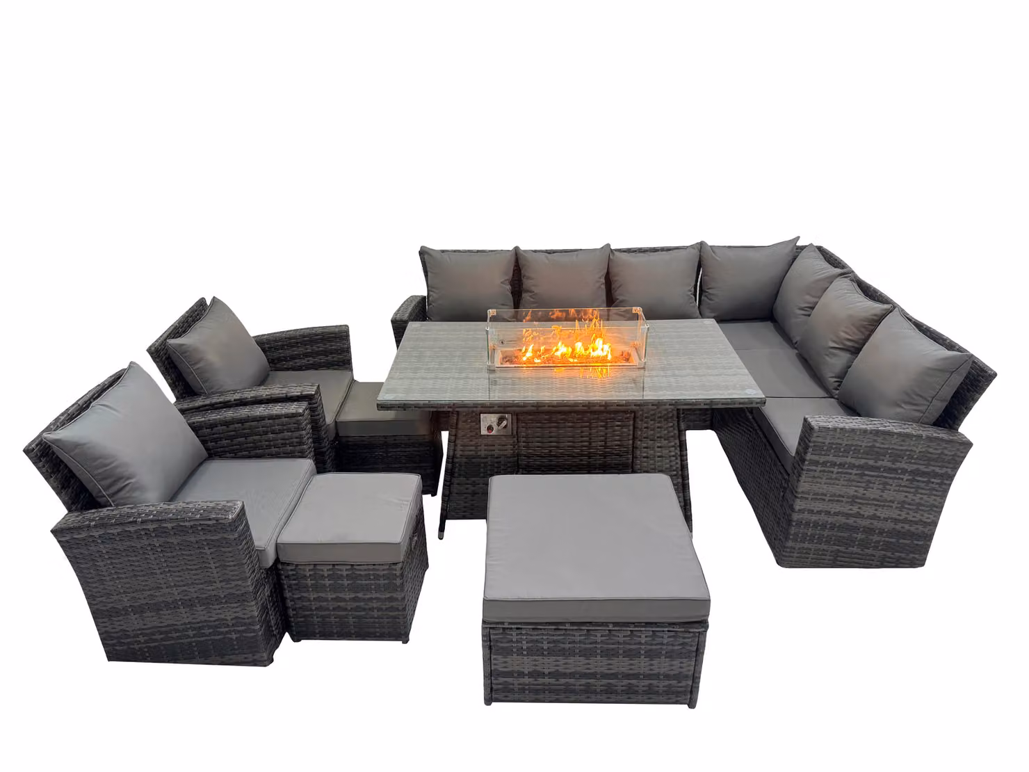 Fimous Rattan L-Shape Corner Sofa Set with Gas Fire Pit Table and 3 Matching Ottomans in Dark Grey – 2