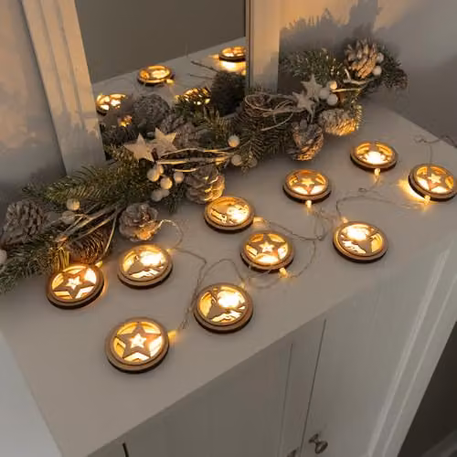 ValueLights Battery Operated Wooden Star and Reindeer Disc String Lights with 10 Warm White Bulbs in Brown and White – 4