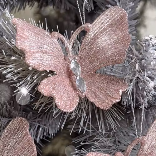 Melody Maison Set of 3 Pink and Silver Glitter Jewelled Butterfly Christmas Hanging Decorations, 10 cm – 2