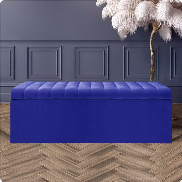 R&M Furnishers Safar Ottoman Storage Box, 180cm Striped Plush Velvet Upholstered End of Bed Bench in Black and Sapphire Blue