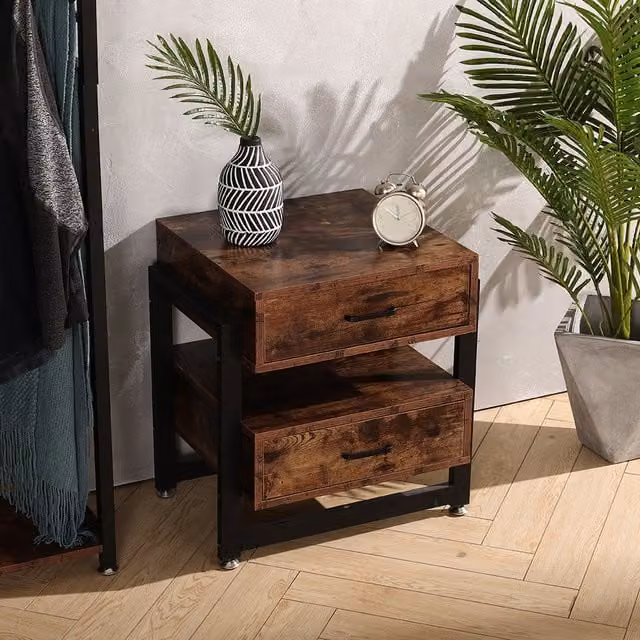 Livingandhome Bedside Table with 2 Solid Wood Drawers in Brown