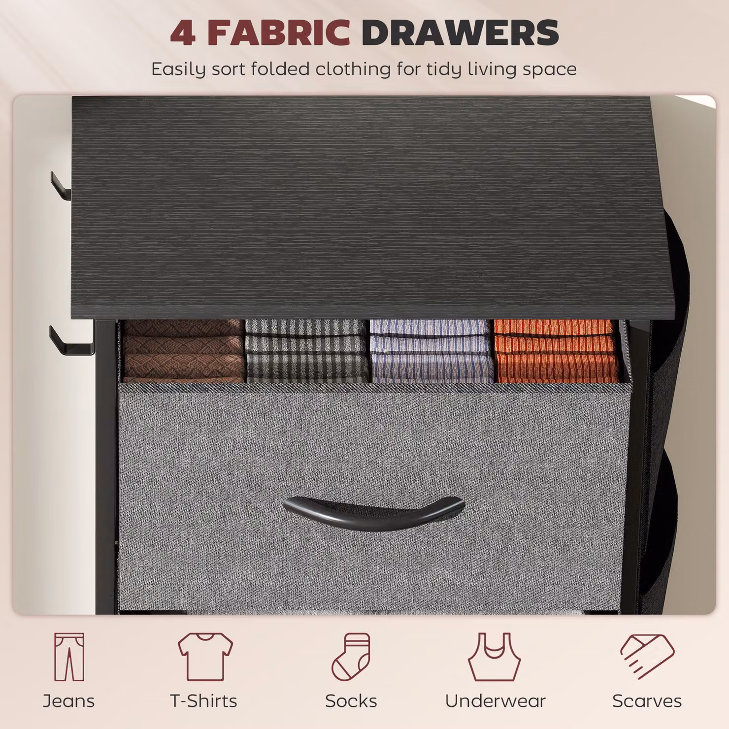 HOMCOM Chest of Four Fabric Drawers in Charcoal Grey – 4