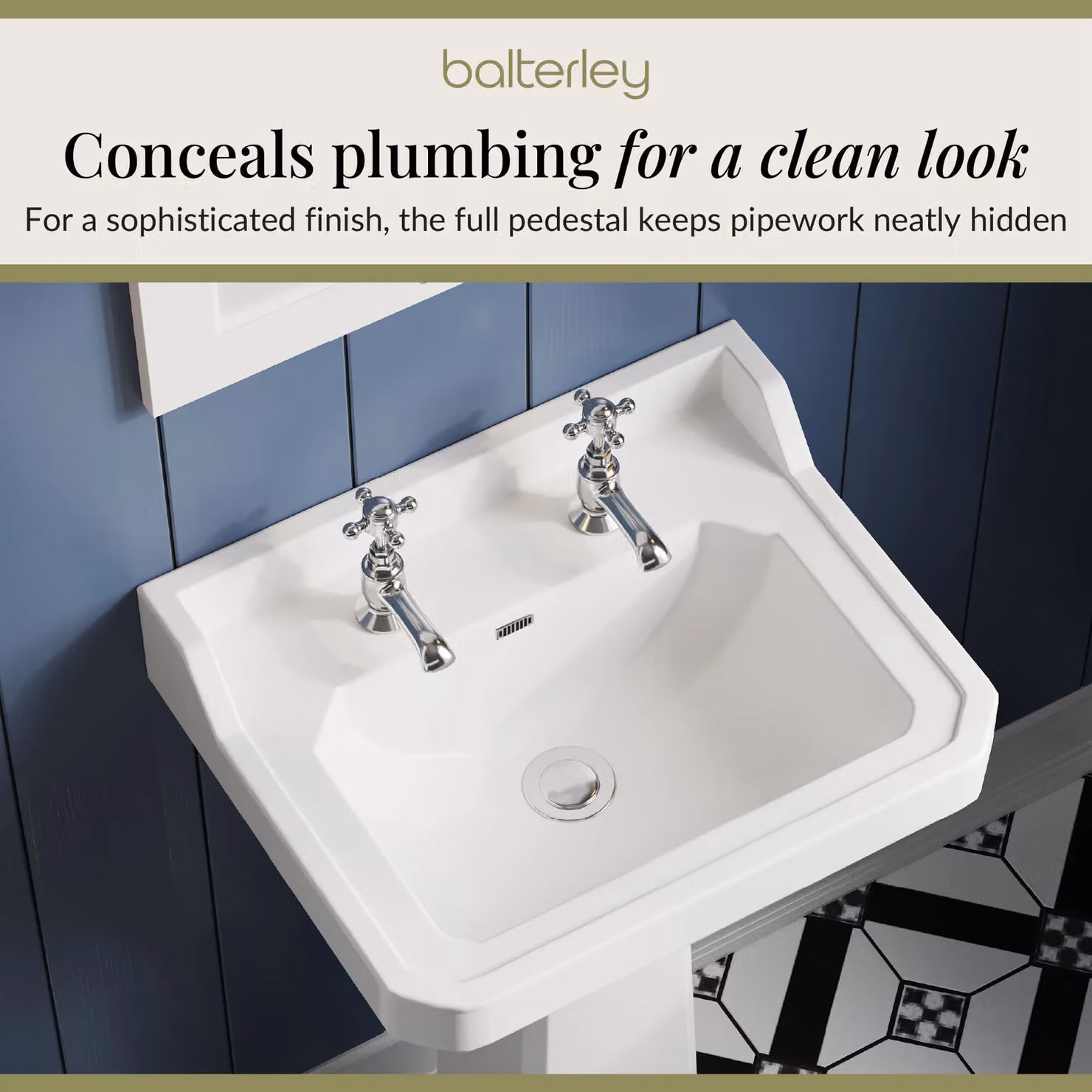 Balterley Traditional Rectangular Ceramic 2 Tap Hole Basin with Full Pedestal, White, W: 56 cm, D: 48 cm, H: 91.5 cm – 5