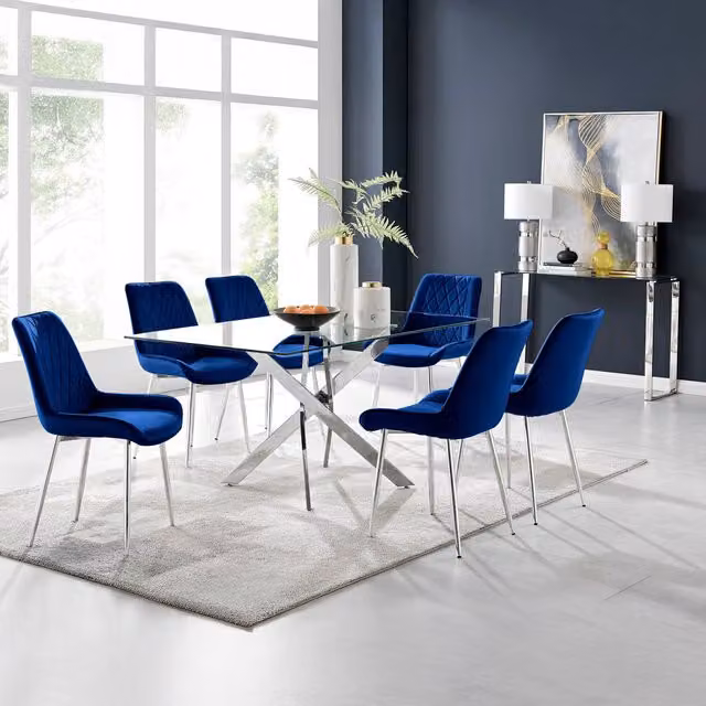FurnitureboxUK Leonardo Rectangular Glass Dining Table with Six Blue Pesaro Upholstered Chairs and Silver X-Frame Legs