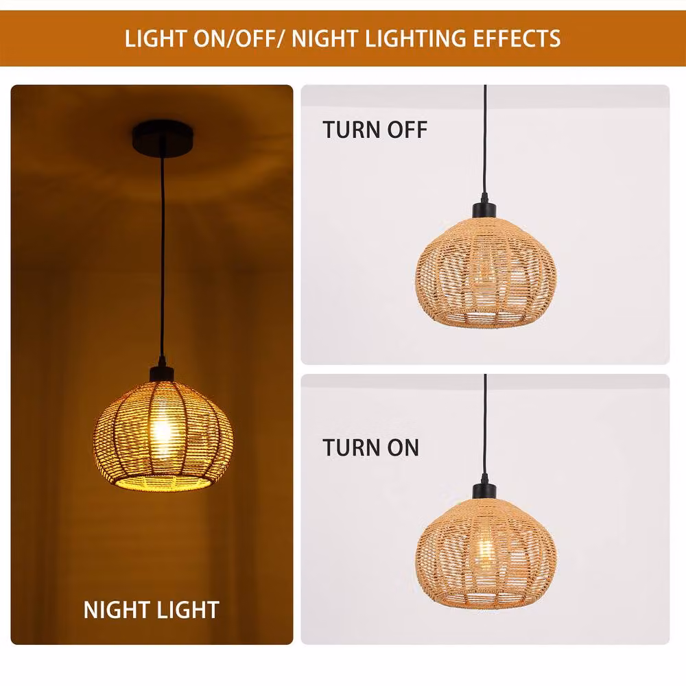 NIVOR Brown Rattan Single Globe Pendant Ceiling Lamp with Bohemian Farmhouse Style – 5