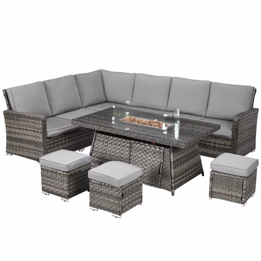 STILVORA Grey Rattan Sofa with Glass Fire Pit Table – 2