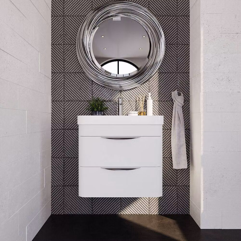 Balterley Modern Glossy White Wall Hung 2 Drawer Thin Edge Bathroom Vanity Unit with Basin, Width: 59.0 cm – 2