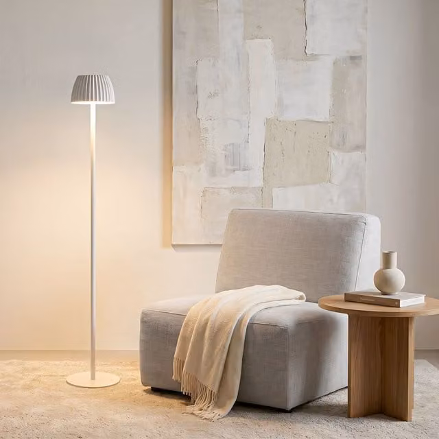 Briloner Riffle LED Rechargeable Floor Lamp in White, IP44 Dimmable Touch Control, W/D/H: 19 x 19 x 124 cm – 1