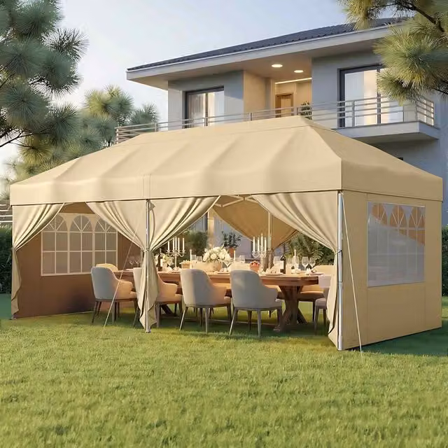 The Bazaarist Pop Up Gazebo with Side Walls, UPF 50+, Beige/Brown, W: 304.8 cm, D: 304.8 cm, H: 258.0 cm