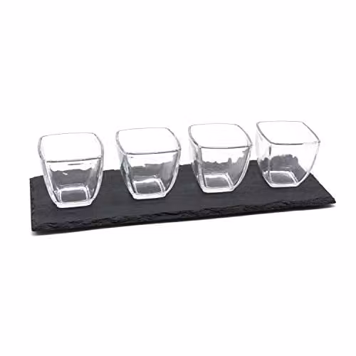 J P HOUSEHOLD Square Glass and Slate Appetizer Platter and Serving Dish Set in Grey and Transparent – 2