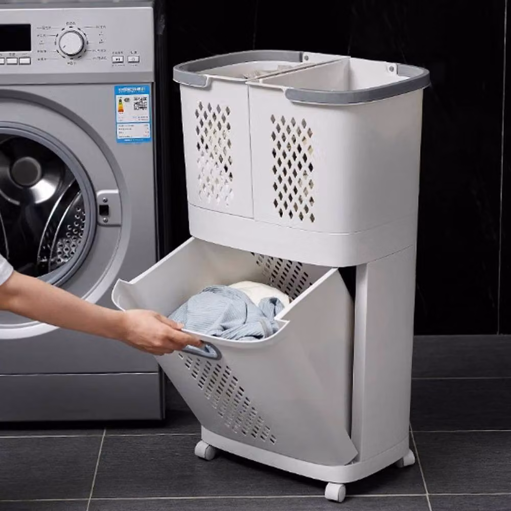 Kelvenix 2 Tier Mobile Laundry Basket Trolley Cart with Removable Bags in White – 3