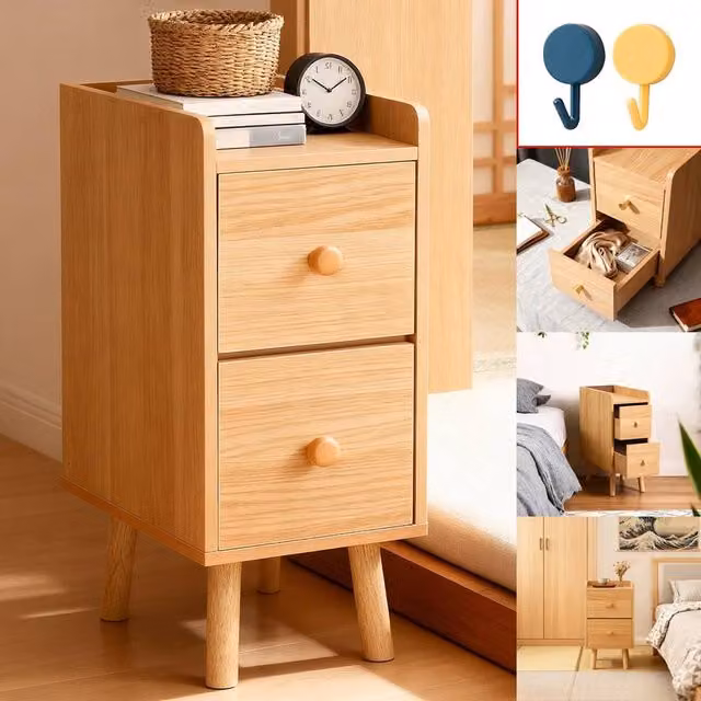 FORGEVIO Slim Wood Bedside Table and Narrow Nightstand with Drawers in Brown