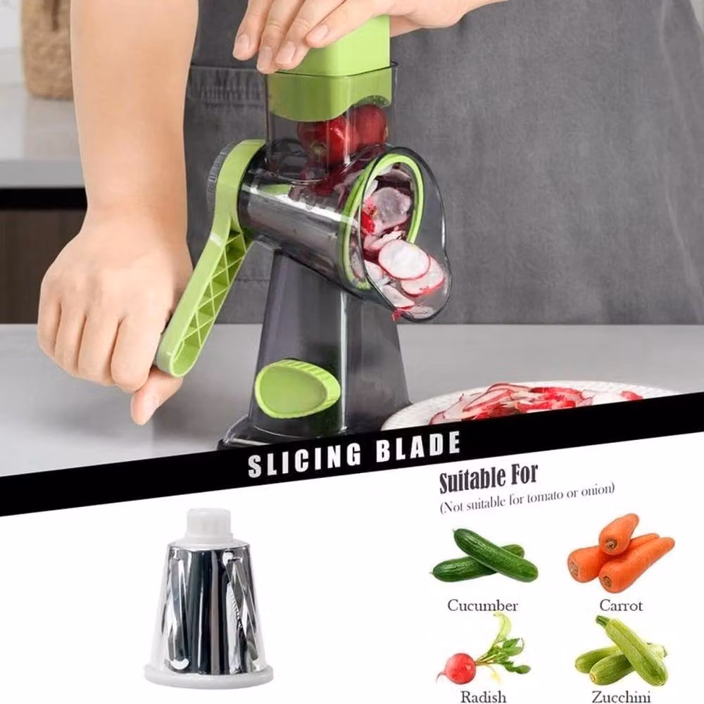 FLAVORA Green Rotary Cheese Grater and Handheld Fruit and Vegetable Slicer with Multiple Blades and Non-Slip Base, W/D/H: 15 x 15 x 15 cm – 4
