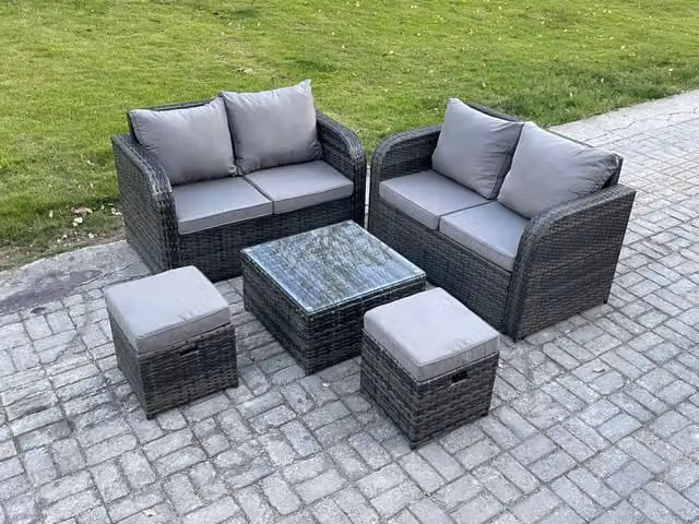 Fimous Rattan Outdoor Garden Furniture Set in Dark Grey with 2 Seater Sofa, Square Coffee Table and 2 Ottomans