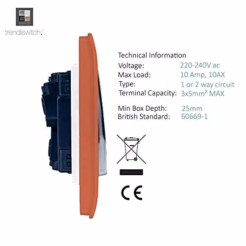 Trendi 1 Gang 2 Way Single Electrical Wall Light Switch with Screwless Raised Plastic Front Plate and Chrome Rocker in Copper – 2